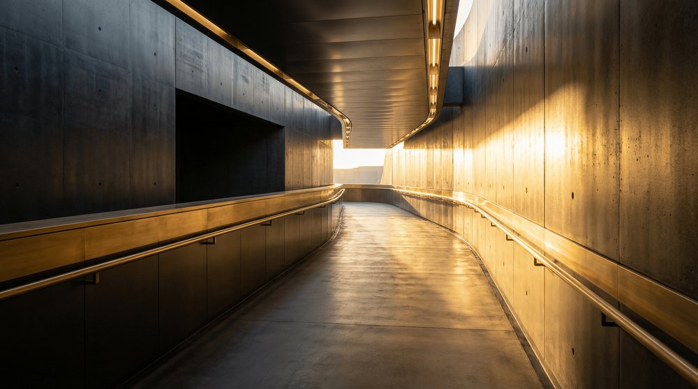 Modern architectural bridge passage with warm golden hour lighting representing strategic financial bridge financing