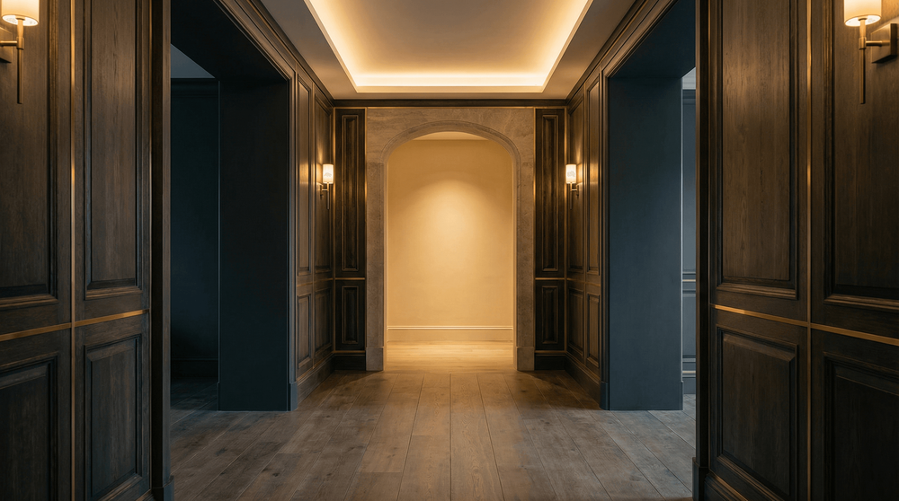 Sophisticated passage between elegant spaces with warm ambient lighting, dark wood paneling and brass accents, representing dignified estate settlement transition